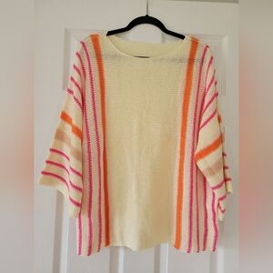 Cream Knit Poncho with Pink & Orange Stripe Detail